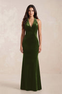 Sheath Velvet V - Neck Bridesmaid Dress in Olive - KissProm Bridesmaid Dresses
