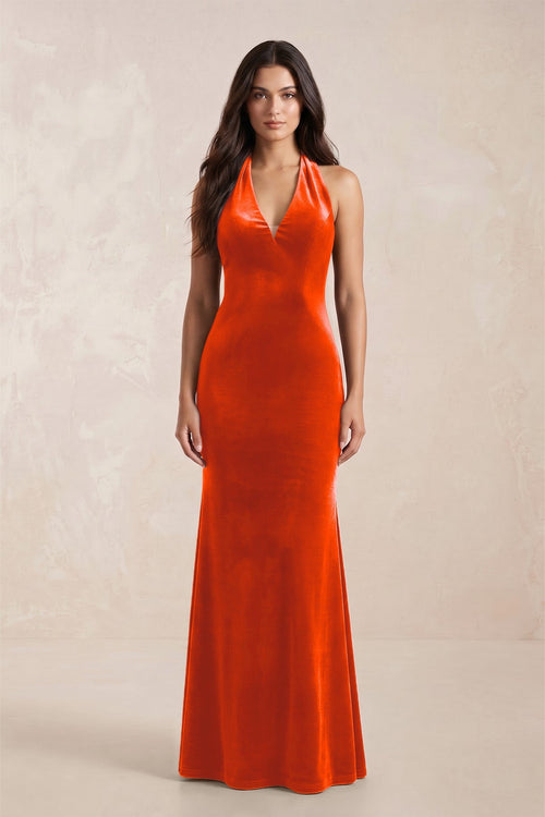 KissProm | Sheath Velvet V-Neck Bridesmaid Dress in Orange KissProm | Sheath Velvet V-Neck Bridesmaid Dress in Orange