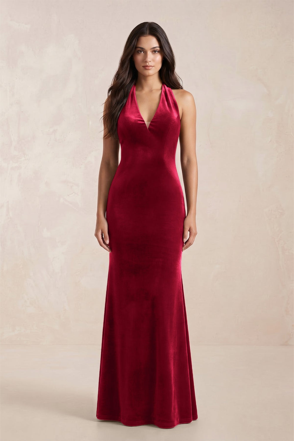 Sheath Velvet V - Neck Bridesmaid Dress in Ruby Red - KissProm Bridesmaid Dresses