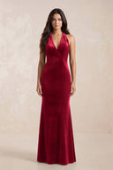 Sheath Velvet V - Neck Bridesmaid Dress in Ruby Red - KissProm Bridesmaid Dresses