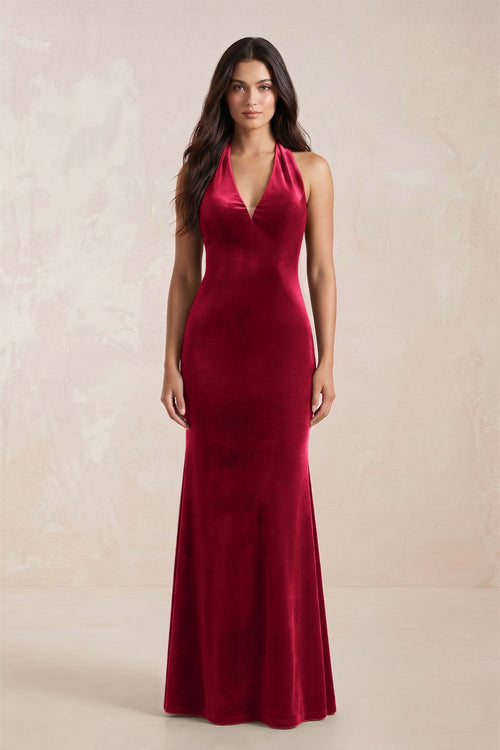 Sheath Velvet V - Neck Bridesmaid Dress in Ruby Red - KissProm Bridesmaid Dresses