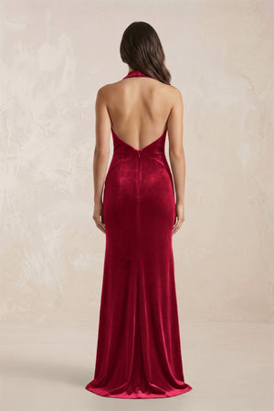 Sheath Velvet V - Neck Bridesmaid Dress in Ruby Red - KissProm Bridesmaid Dresses