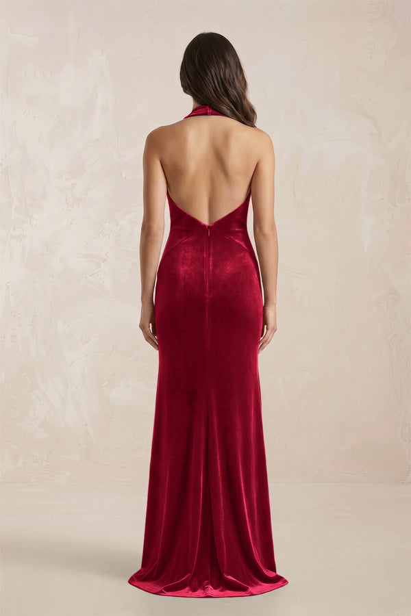Sheath Velvet V - Neck Bridesmaid Dress in Ruby Red - KissProm Bridesmaid Dresses