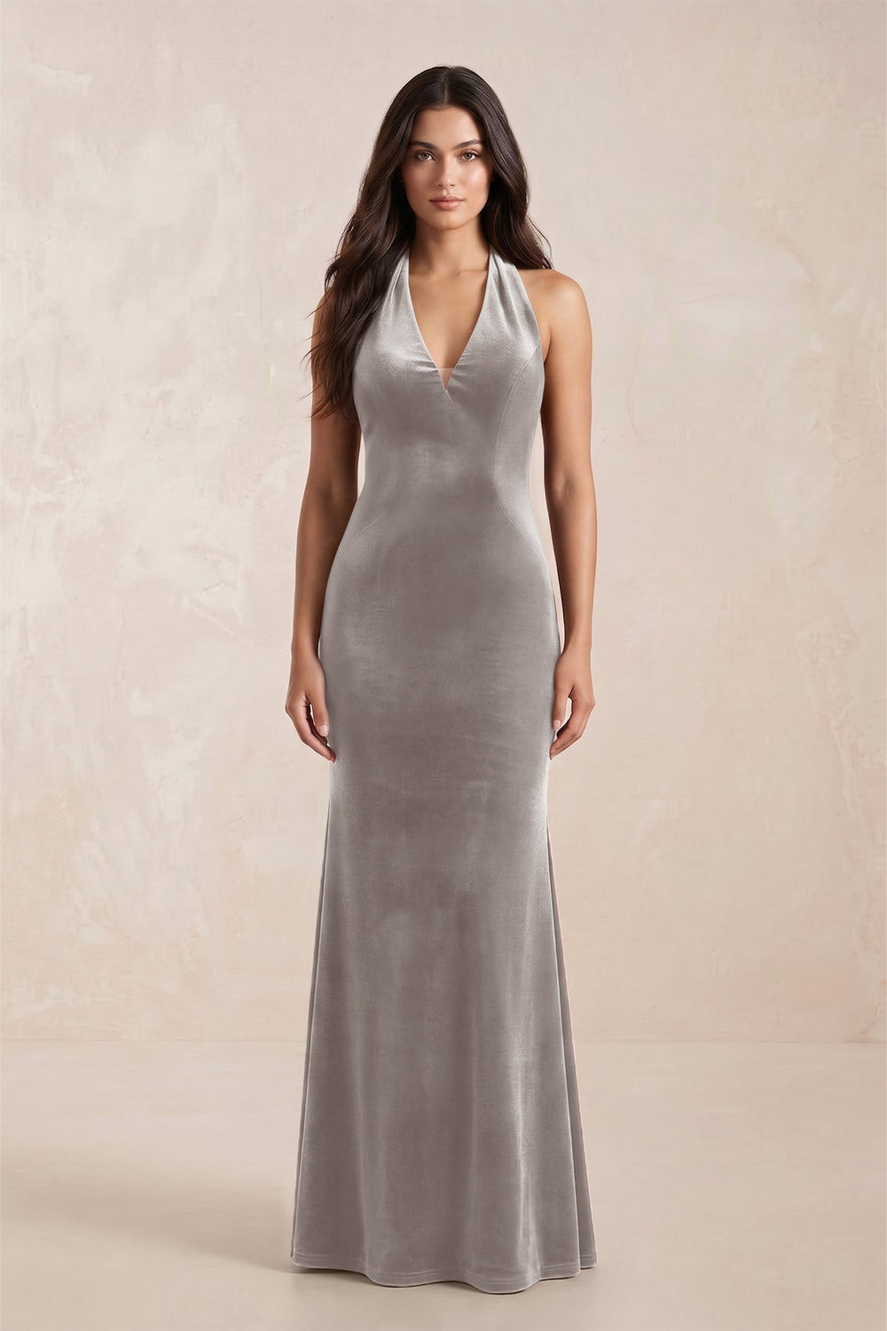 Sheath Velvet V - Neck Bridesmaid Dress in Silver - KissProm Bridesmaid Dresses