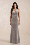 Sheath Velvet V - Neck Bridesmaid Dress in Silver - KissProm Bridesmaid Dresses