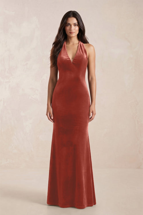KissProm | Sheath Velvet V-Neck Bridesmaid Dress in Terracotta