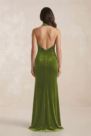 Sheath Velvet V - Neck Bridesmaid Dress in Thyme - KissProm Bridesmaid Dresses