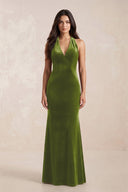 Sheath Velvet V - Neck Bridesmaid Dress in Thyme - KissProm Bridesmaid Dresses