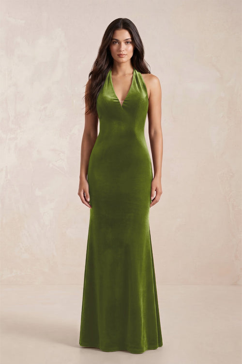 Sheath Velvet V-Neck Bridesmaid Dress in Thyme