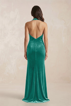 Sheath Velvet V - Neck Bridesmaid Dress in Turquoise - KissProm Bridesmaid Dresses