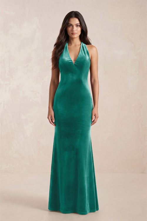 Sheath Velvet V - Neck Bridesmaid Dress in Turquoise - KissProm Bridesmaid Dresses