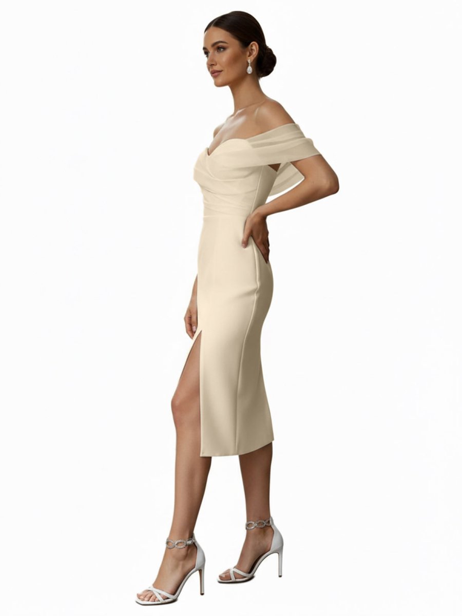 Celestia | Sheath Off - The - Shoulder Sleeveless Tea - Length Wedding Dresses - KissProm