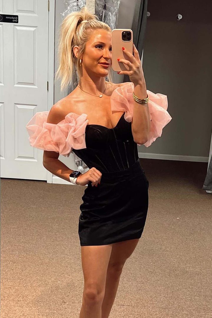 Black Off the Shoulder Velvet Tight Homecoming Dress - KissProm