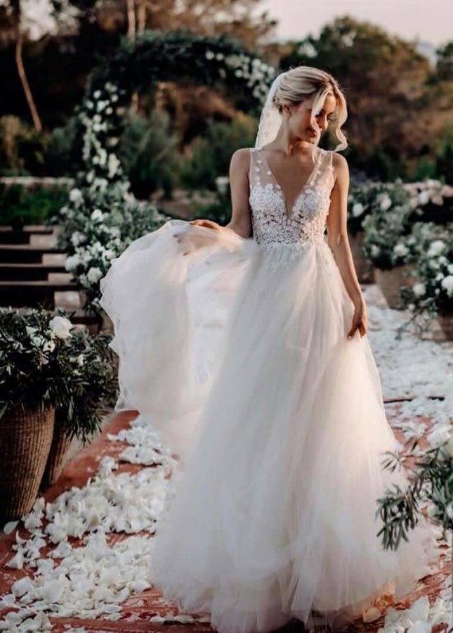 Bohemian Sexy Deep V Neck Sleeveless Lace Appliques A - Line Country Wedding Dresses - KissProm