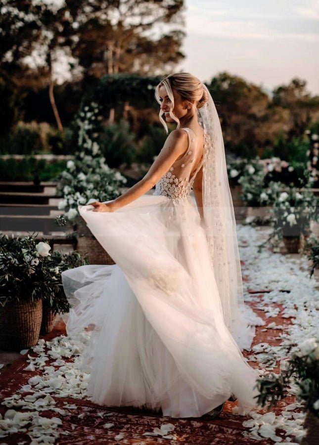 Bohemian Sexy Deep V Neck Sleeveless Lace Appliques A - Line Country Wedding Dresses - KissProm