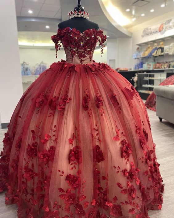 Shimmery Off Shoulder 3D Flowers Quinceanera Dress and Train,Ball Gown