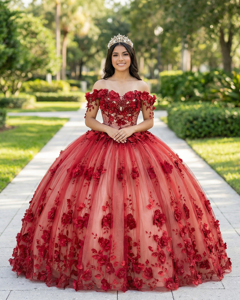 KissProm- Shimmery Off Shoulder 3D Flowers Ball Gown Quinceanera Dress With Train