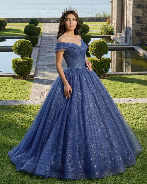 KissProm- Shiny Off Shoulder Navy Blue Tulle Navy Blue Formal Graduation Evening Dresses
