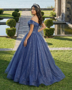 KissProm- Shiny Off Shoulder Navy Blue Tulle Navy Blue Formal Graduation Evening Dresses