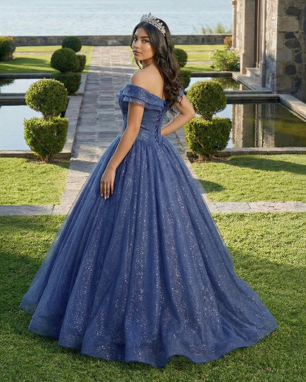 KissProm- Shiny Off Shoulder Navy Blue Tulle Navy Blue Formal Graduation Evening Dresses