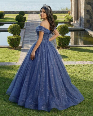 Shiny Off Shoulder Navy Blue Tulle Navy Blue Formal Graduation Evening Dresses Navy Blue / Custom Size