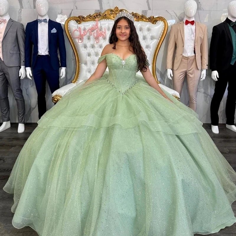 Sage Green Off The Shoulder Tulle Beaded Quinceanera Dress Wth Bow Green / 8 Sage Green Off The Shoulder Tulle Beaded Quinceanera Dress Wth Bow Green / 8