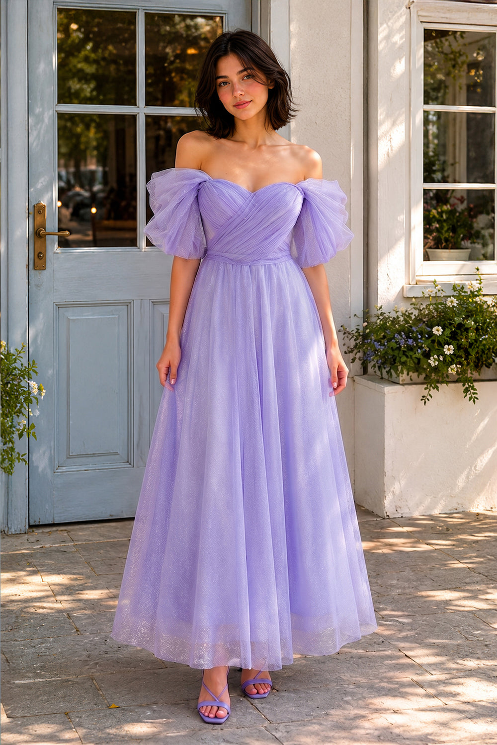 Lavender Shiny Tulle Off the Shoulder  Tea Length Prom Dress - KISSPROM