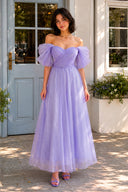 Prima | Shiny Tulle Off the Shoulder Light Blue Tea Length Prom Dress