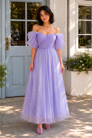 Prima | Shiny Tulle Off the Shoulder Light Blue Tea Length Prom Dress