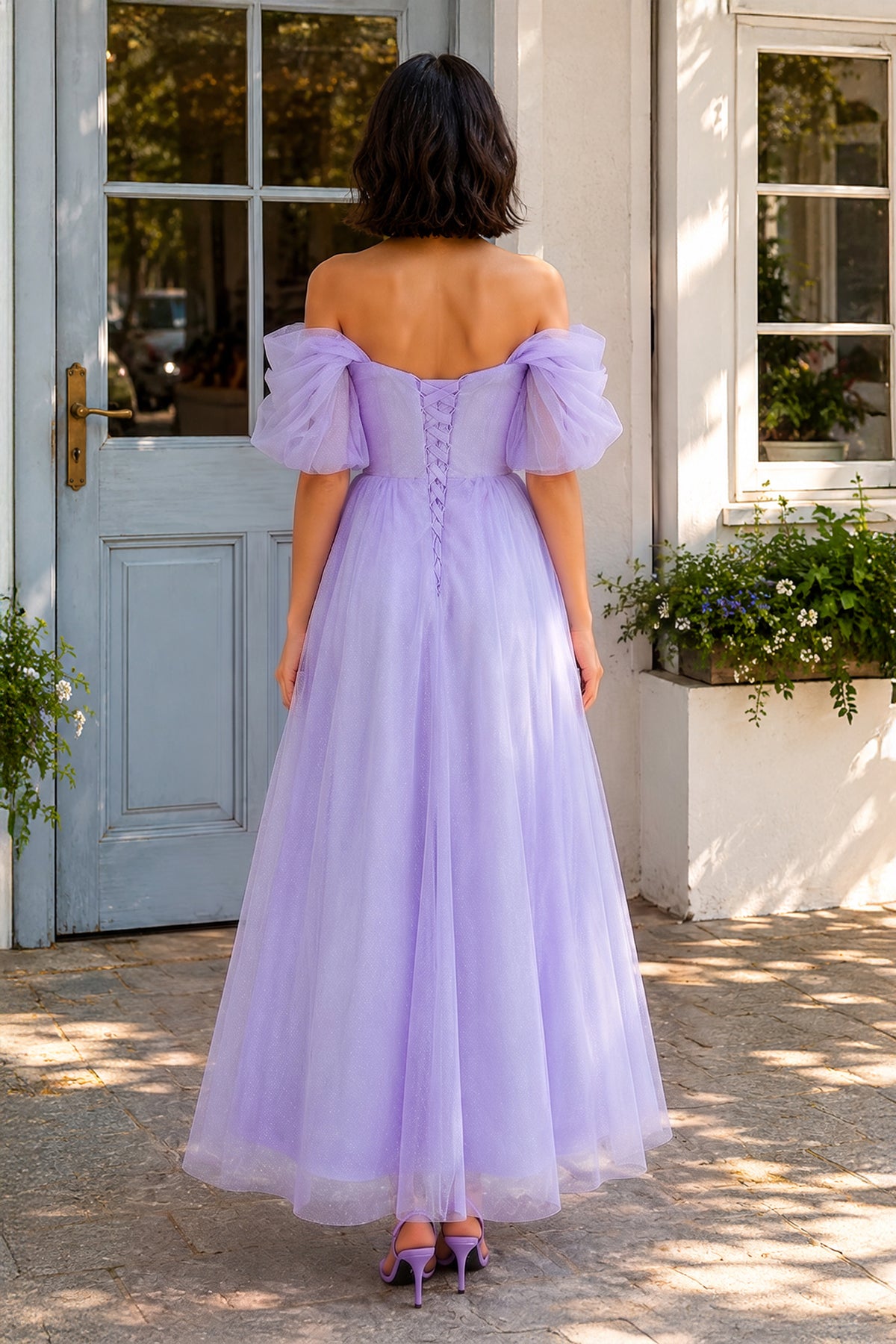 KissProm Shiny Tulle Off the Shoulder Light Blue Tea Length Prom Dress, Lavender / 10
