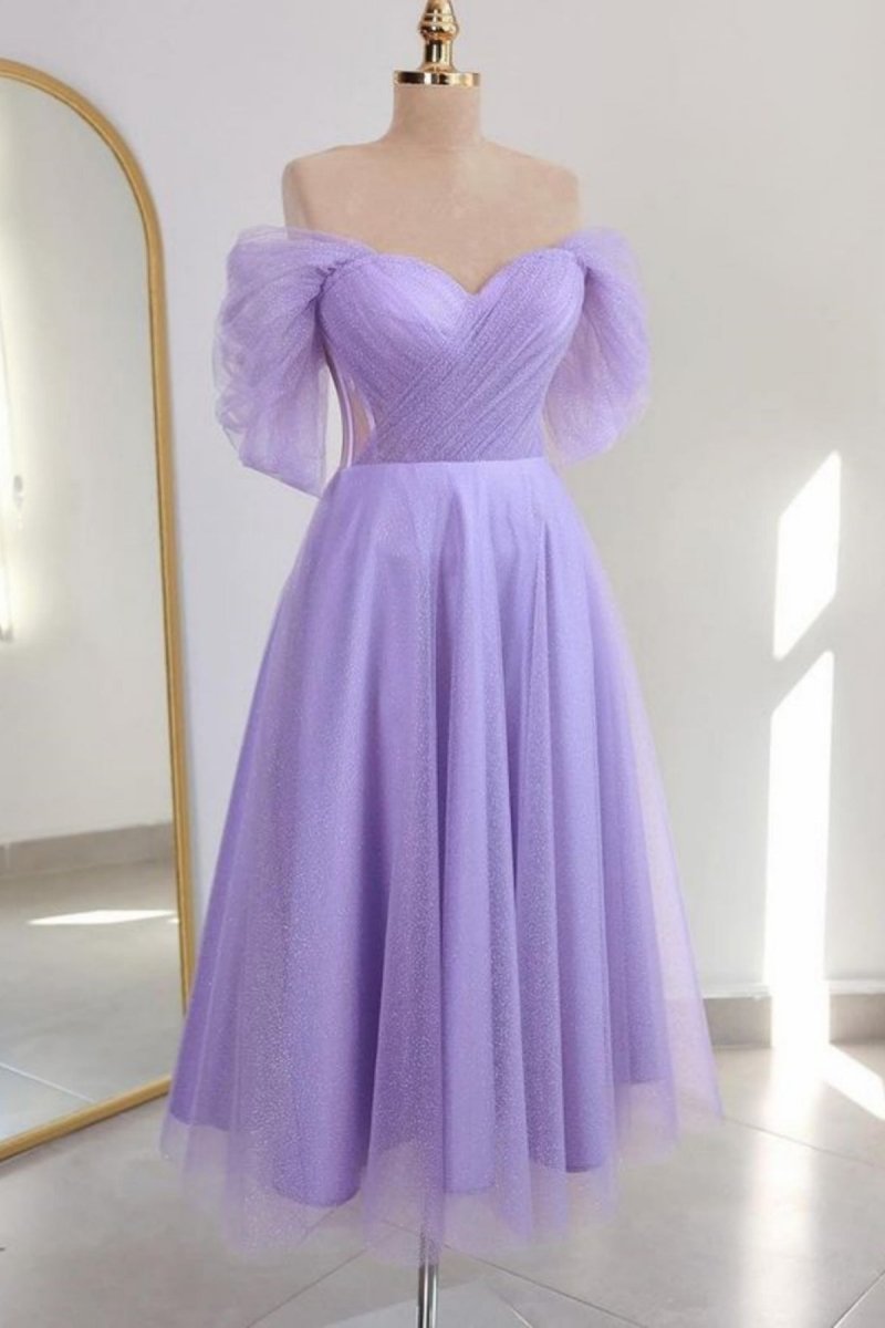 Shiny Tulle Off the Shoulder Light Blue Tea Length Prom Dress, Lavender / 10 Shiny Tulle Off the Shoulder Light Blue Tea Length Prom Dress, Lavender / 10