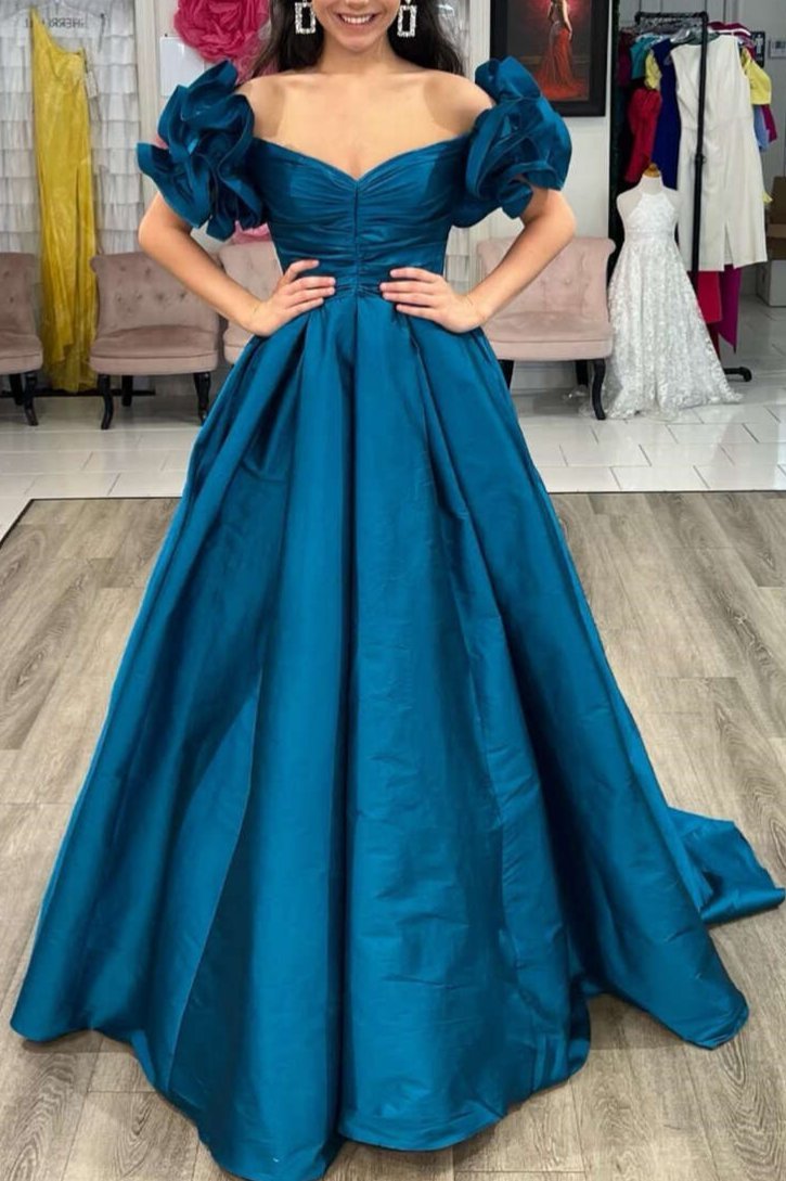 A - Line Yellow Off - the - Shoulder Ruffled Sleeve Prom Dresses - KissProm