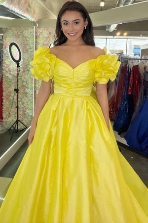 A - Line Yellow Off - the - Shoulder Ruffled Sleeve Prom Dresses - KissProm