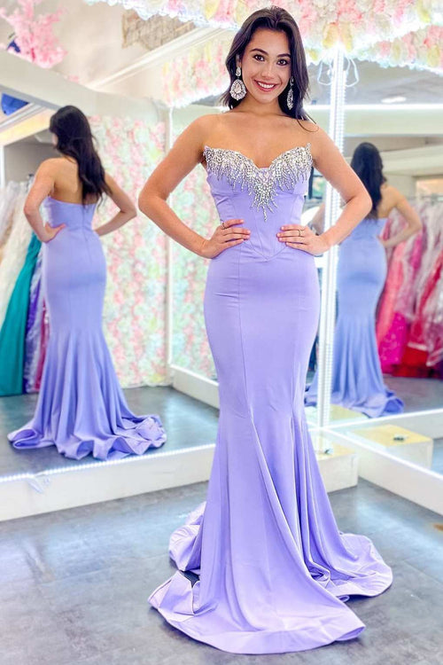 Lavender Strapless Trumpet Long Formal Gown with Rhinestones - KissProm