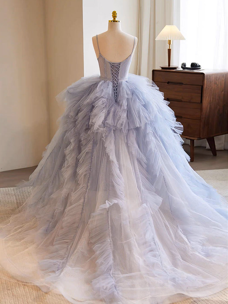 Blue Tulle Long Prom Gown, Blue Tulle Long Sweet Dress