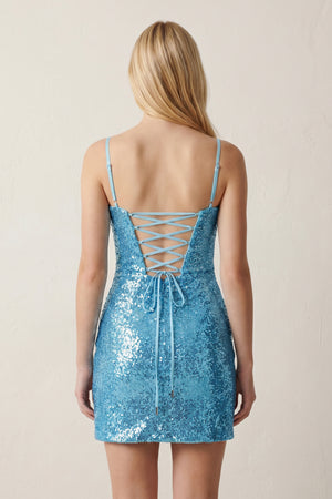 Blue Sparkly Spaghetti Straps Zipper Back Sequin Mini Homecoming Dresses-KISSPROM