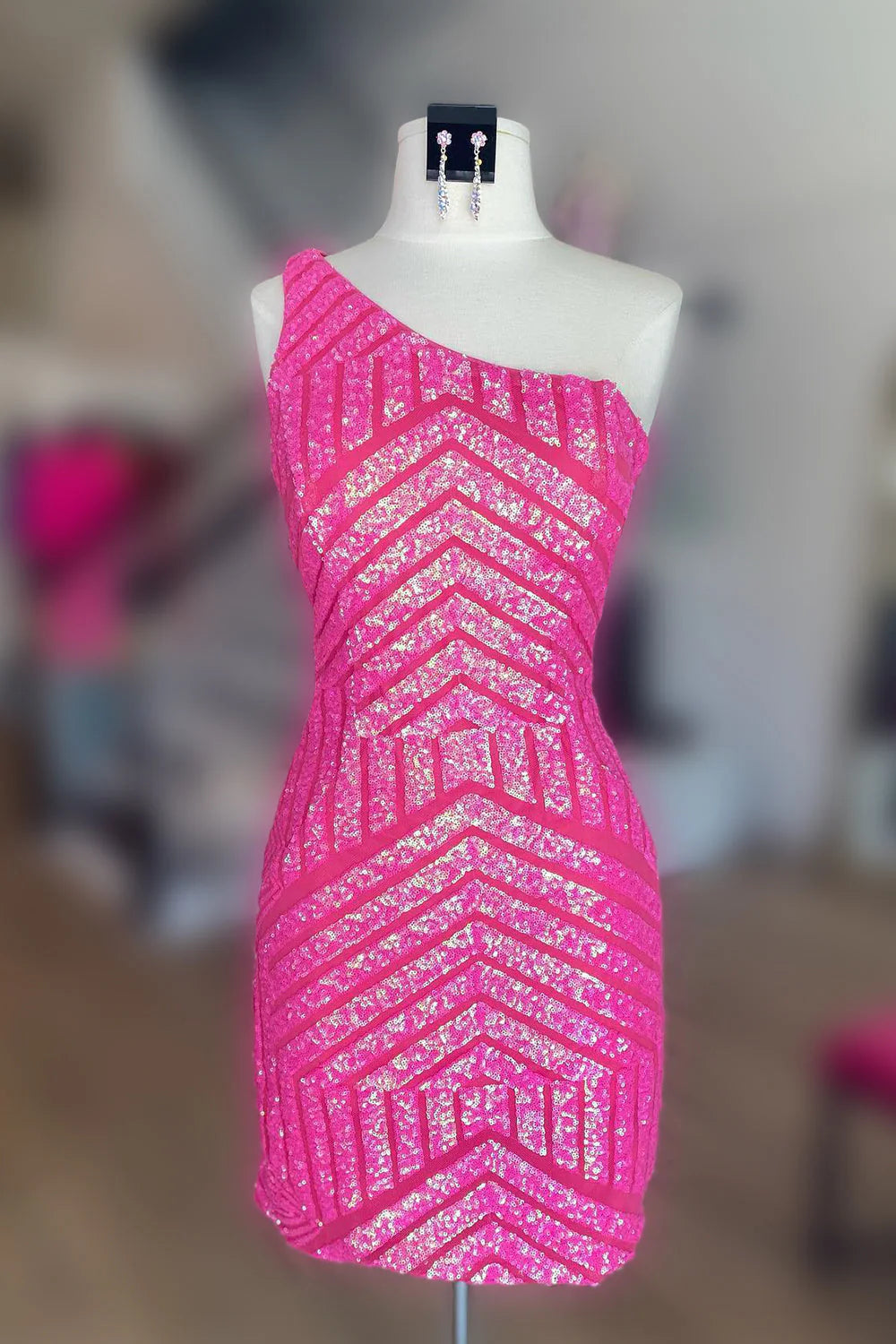 Hot Pink Sheath One Shoulder Sequins Short Homecoming Dress