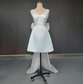 Karelia | A-Line Satin V-Neck Short Wedding Dress with Large Bow – KissProm