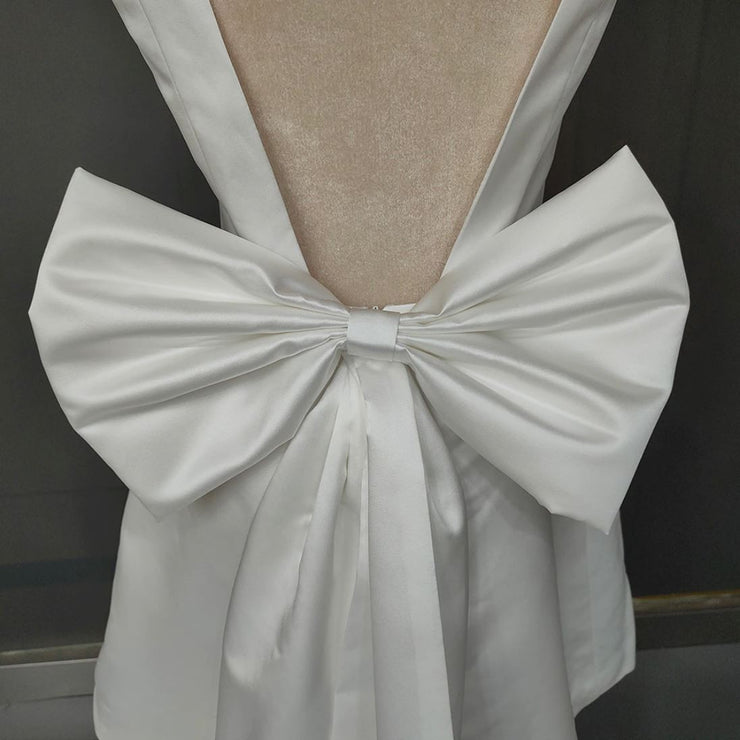 Elegant Two Wide Straps V-neck Short/Mini Satin Wedding Dresses Custom Made Bridal Grown