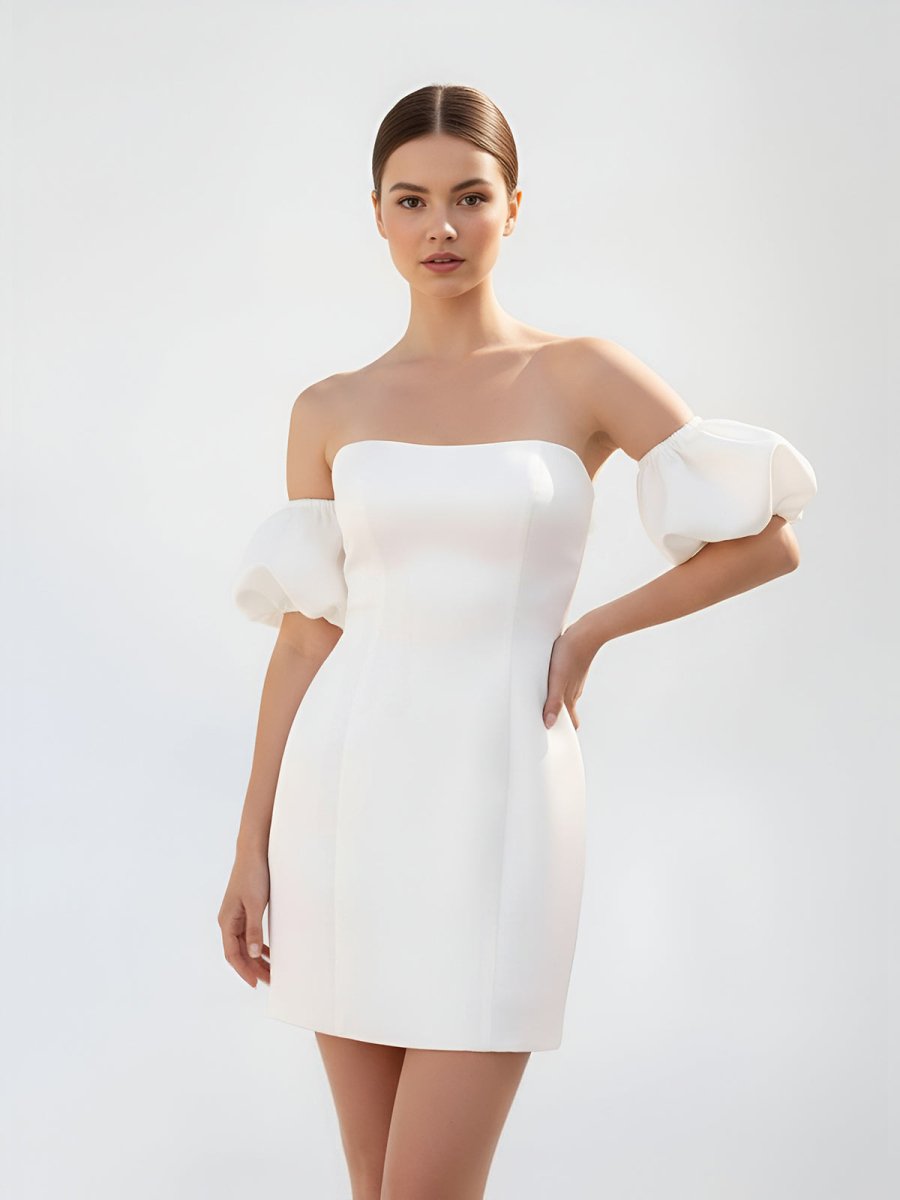 Short Satin White Wedding Dress Strapless Off the Shoulder - KissProm