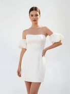 Short Satin White Wedding Dress Strapless Off the Shoulder - KissProm