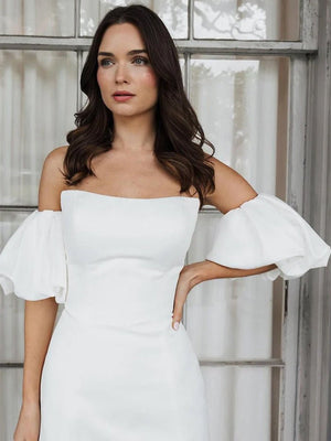 Short Satin White Wedding Dress Strapless Off the Shoulder - KissProm