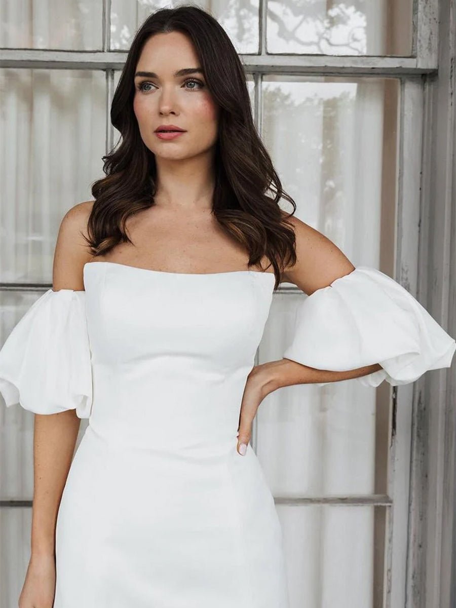 Short Satin White Wedding Dress Strapless Off the Shoulder - KissProm