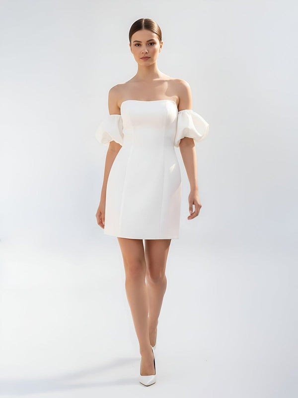 Short Satin White Wedding Dress Strapless Off the Shoulder - KissProm