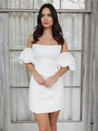 Short Satin White Wedding Dress Strapless Off the Shoulder - KissProm