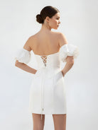 Short Satin White Wedding Dress Strapless Off the Shoulder - KissProm