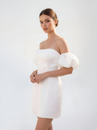 Short Satin White Wedding Dress Strapless Off the Shoulder - KissProm