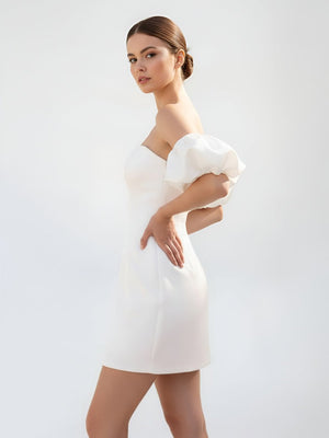 Short Satin White Wedding Dress Strapless Off the Shoulder - KissProm