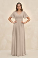 Short Sleeve Chiffon V - Neck A - Line Bridesmaid Dress in Almond - KissProm Bridesmaid Dresses