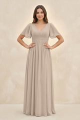 Short Sleeve Chiffon V - Neck A - Line Bridesmaid Dress in Almond - KissProm Bridesmaid Dresses